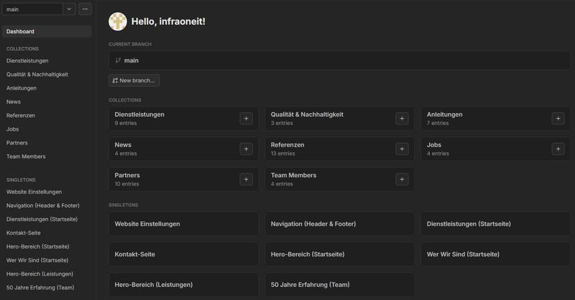 Keystatic Dashboard – Übersichtliche Content-Verwaltung mit allen Bereichen Ihrer Website